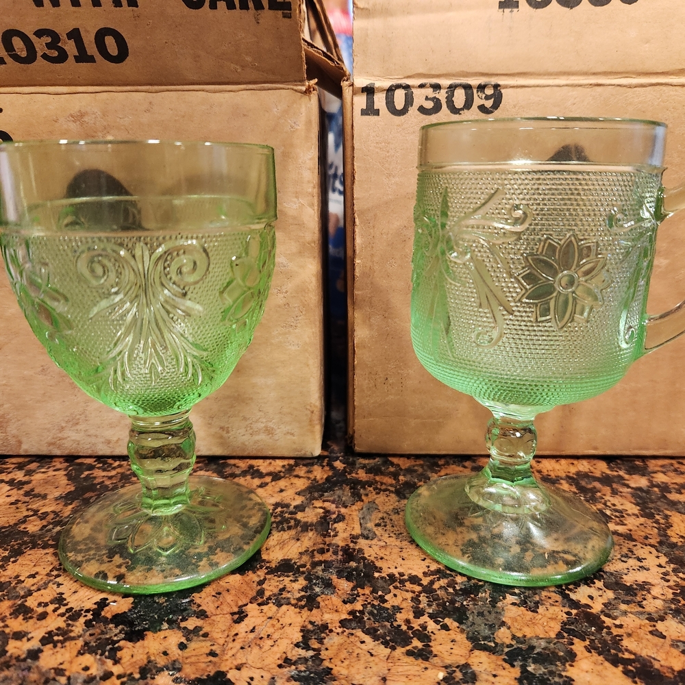 Vintage Style Green Glass Goblet Set